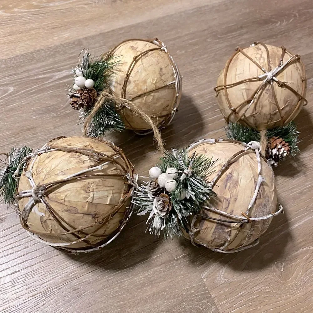 Large birch bark rustic glitter snowy holiday Christmas tree Ornaments set of 4